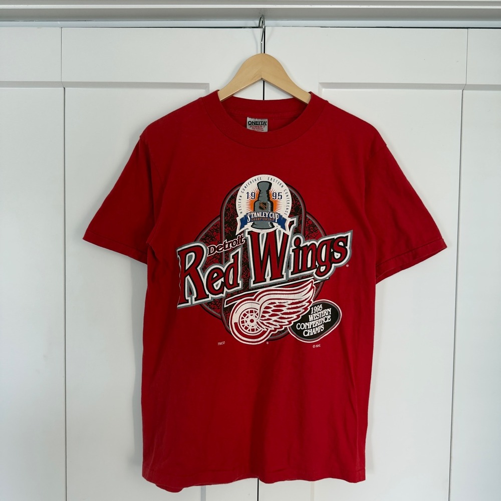 Mens Oneita Detroit Red Wings T-Shirt Medium Red 1995 Western Conference Champs - Picture 2 of 6